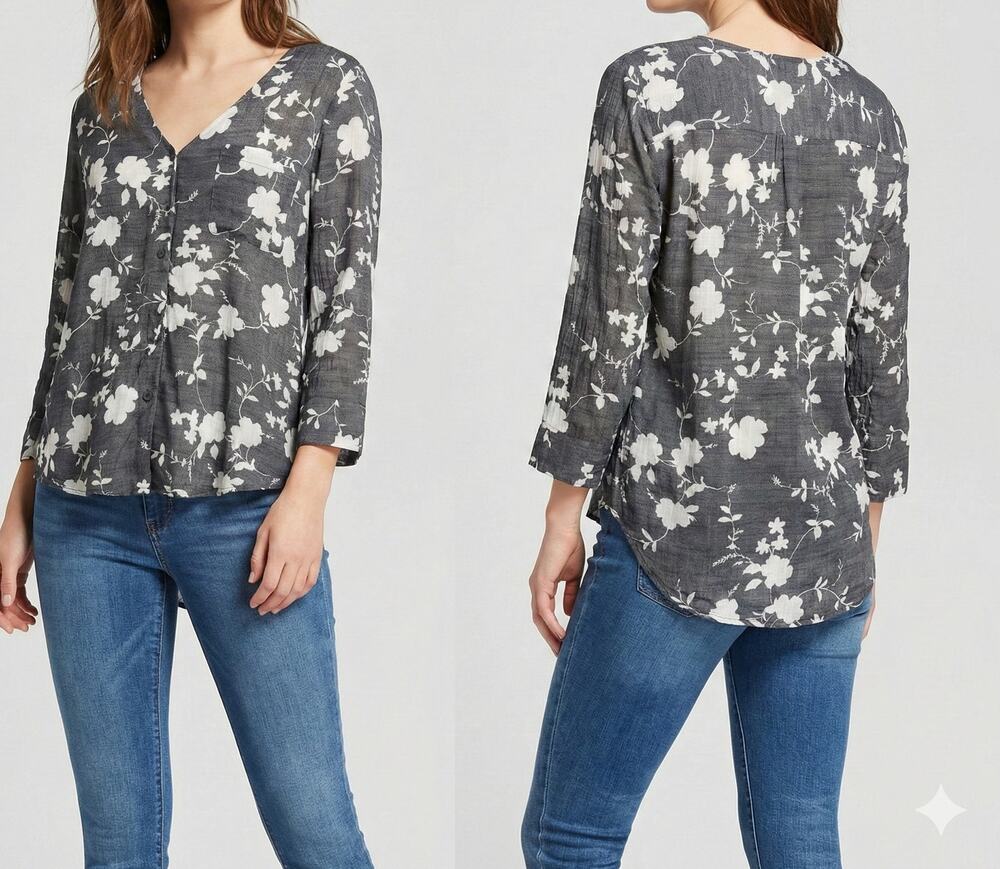 Fred David Large Womens Blouse Gray White Floral V Neck 3/4 Sleeve